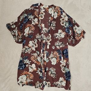 Kori America Burgundy Floral Midi Bohemian Open Lightweight Kimono